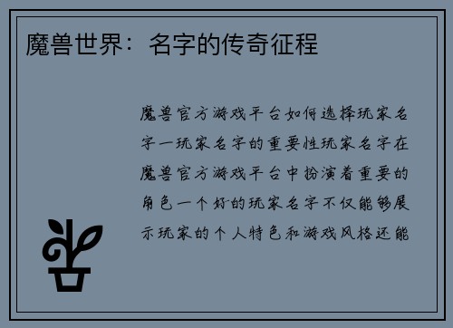 魔兽世界：名字的传奇征程