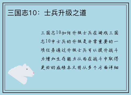 三国志10：士兵升级之道